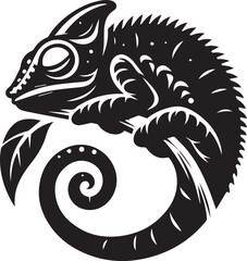 A sleepy chameleon curled up on a leaf silhouette vector
