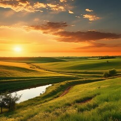 Fototapeta premium scenic landscape at sunset with rolling hills and vibrant sky