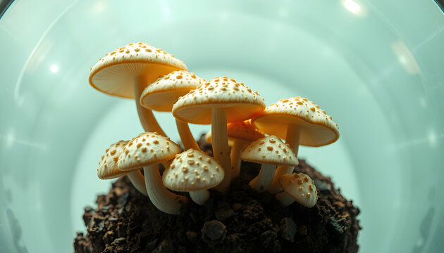 medical psychedelic psilocybin fungus mushrooms for therapy in growbox, top view isolated with white highlights, png