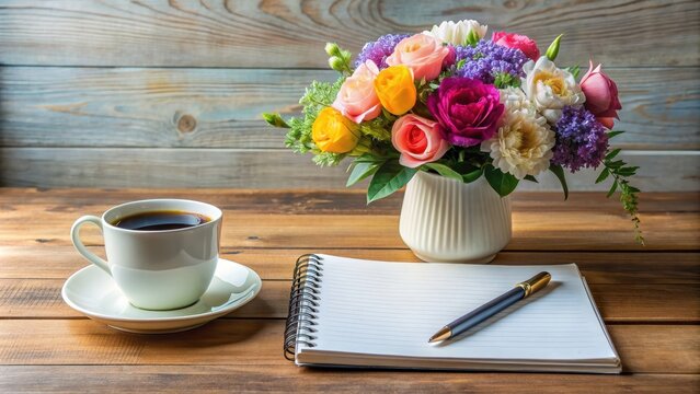 Notebook, cup of coffee, vase of flowers on table, workspace, office, desk, agenda, planner