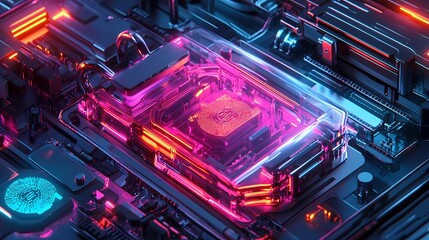 Fototapeta premium Futuristic Digital Circuit Board with Neon Lights and Microchip Design, Highlighting Advanced Technology and Cybersecurity Elements in a Modern Setting