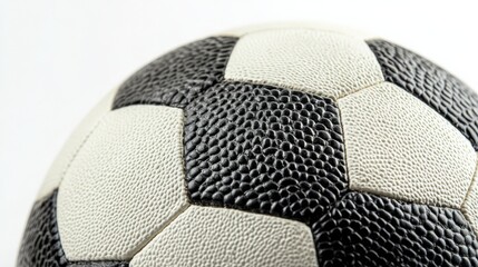 close-up of a textured soccer ball showcasing its black and white pattern