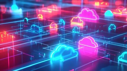 Fototapeta premium Abstract digital depiction of colorful neon cloud icons interconnected in a virtual space representing cloud technology, data storage, and digital connectivity trends.