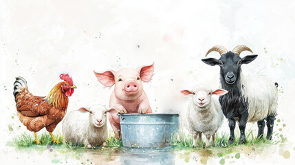 Farm Friends at Trough: Watercolor Charm Close-Up