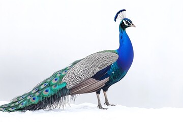 Fototapeta premium An solitary illustration of an Indian peacock on a white backdrop. Generative Ai