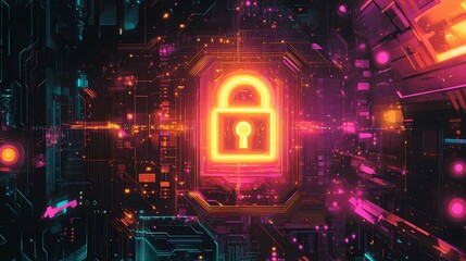 Obraz premium Futuristic Digital Lock Symbol in an Abstract Circuit Board Background with Glowing Neon Colors, Representing Cybersecurity and Data Protection Concepts