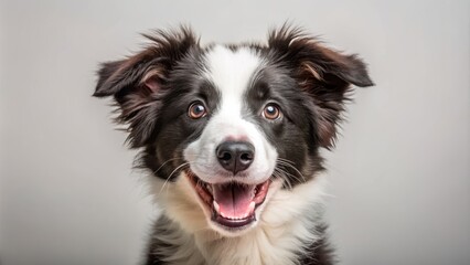 Fototapeta premium Fluffy Border Collie puppy with a big grin staring at the camera, Border Collie, dog, puppy, fluffy, isolated, white background, happy