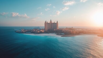 Naklejka premium Stunning sunset aerial view of a luxurious resort on a private island, with clear turquoise water and a pristine beach.