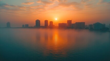Fototapeta premium City skyline with sunrise and fog over water.
