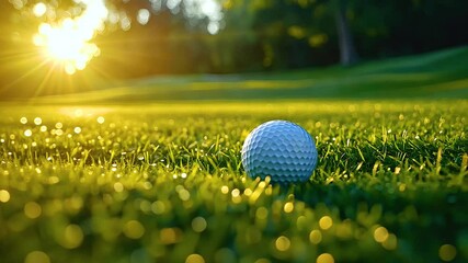 Close up of golf ball on lush green grass, basking in warm sunlight, capturing tranquility of golf course in morning, serene outdoor sport experience in nature.