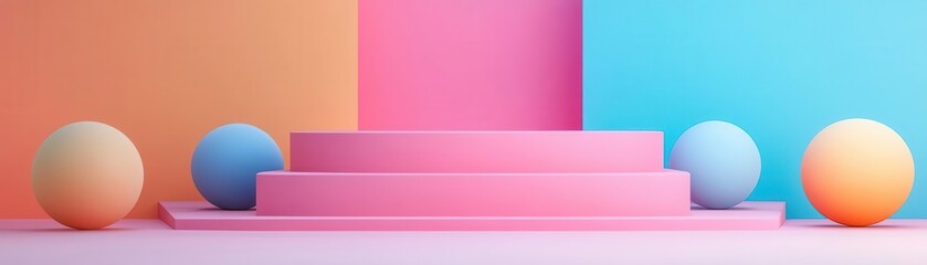 Obraz premium A vibrant scene featuring pastel-colored geometric shapes, including a three-tiered platform and colorful spheres against a gradient background.