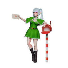 Christmas Girls Elf Cartoon Design. A Christmas Elf Girl stands with her left hand leaning on a mailbox and her right hand holding a letter. 3D Character Illustration