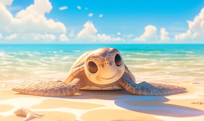 Obraz premium A cute little turtle is crawling on the beach