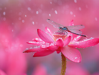 Naklejka premium Tiny dragonfly perched on a bright pink lotus flower.