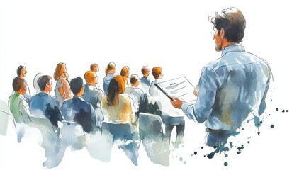 Team Leader Giving Presentation in Watercolor Illustration