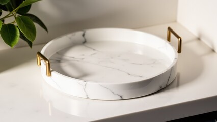 Fototapeta premium Minimalist marble tray design with polished edges and golden accents