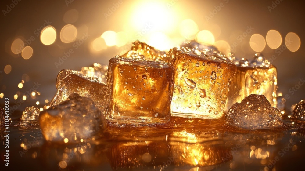 Poster glowing ice cubes in golden liquid at sunrise with bokeh effect