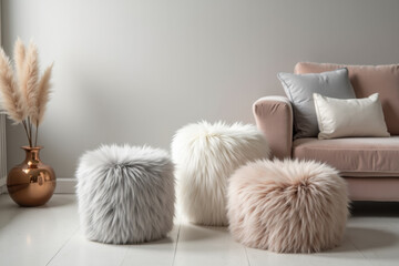 Cozy home decor with fluffy poufs and pastel sofa for stylish living room interior design