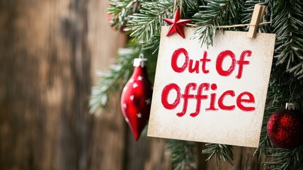 A festive "Out of Office" sign hangs from holiday greenery, embodying the spirit of the season and a break from work.