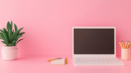 Fototapeta premium A pastel workspace featuring a white laptop, a potted plant, and stationery on a pink background.