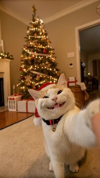 Cute funny cat smiling in a Santa hat taking a selfie, making video call, social media stream online. Decorated Christmas tree, cozy Christmas background. Christmas funny pet concept