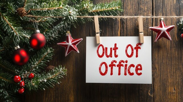 A festive "Out Of Office" sign hangs between holiday decorations, signaling a seasonal break from work.