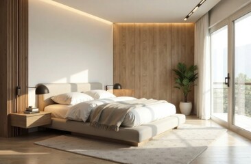 A modern bedroom with minimalist touches including a platform bed, simple decor and a soothing...