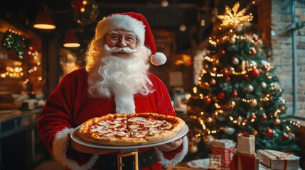 Santa Claus joyfully holding a pizza in a cozy Christmas restaurant