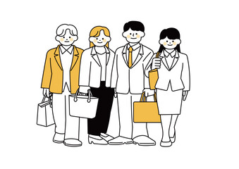 こちらを向いて立っている男性と女性のビジネスマン四人