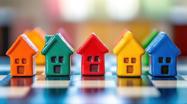 Colorful houses on chessboard symbolize real estate investment strategy