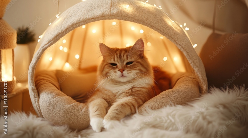 Poster cozy cat in a warm bed surrounded by soft lights and plush decor