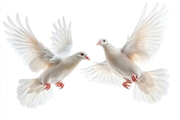 Obraz premium Beautiful, high-quality white doves flying alone against a white background. Generative Ai