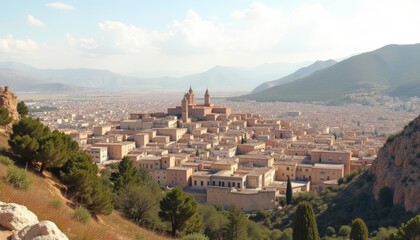 Fototapeta premium Elevated view of a historic cityscape with a prominent mosque