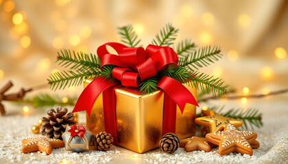 Christmas light gold background with beautiful Golden gift box with red ribbon, fir branches, cones, stars, Christmas cookies, top view, selective focus, copy space isolated with white highlights, p