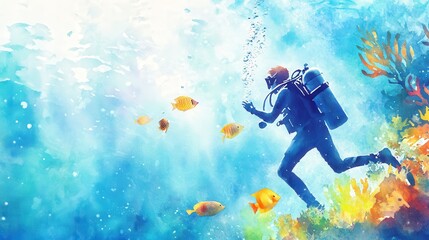 Dreamy Watercolor Marine Exploration Scene