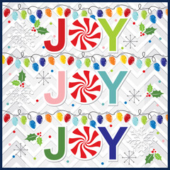 Christmas card design with joy, lollipop and lights pattern