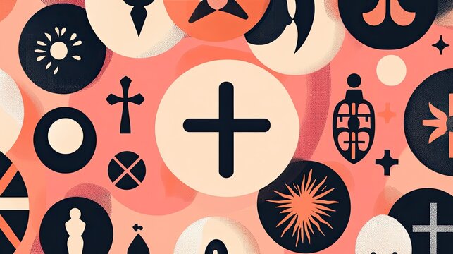 Various religious symbols on a pink background.