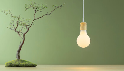 Edison bulb aesthetic. minimalist light bulb hangs above small tree on green wall, creating serene atmosphere. soft glow enhances natural beauty of scene