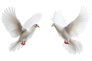 Obraz premium Beautiful, high-quality white doves flying alone against a white background. Generative Ai