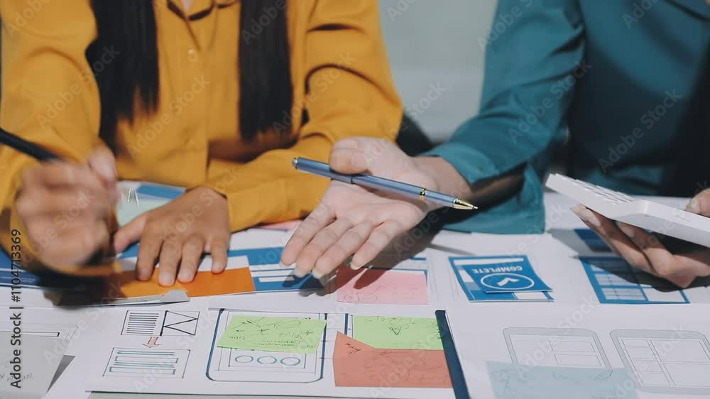 Wall mural ux developer and ui designer brainstorming about mobile app interface wireframe design with customer