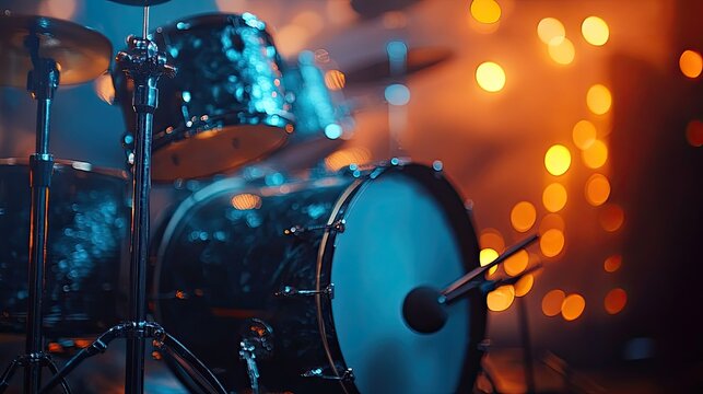 Close-up of a drum set with blue and orange lighting on a stage.