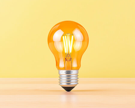 Edison bulb aesthetic. Bright orange light bulb with vintage design on wooden surface