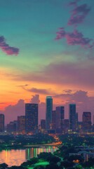 Fototapeta premium A vibrant city skyline at sunset with colorful clouds and reflections.