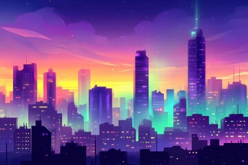 Fototapeta premium A vibrant city skyline at sunset with colorful lights and silhouettes.