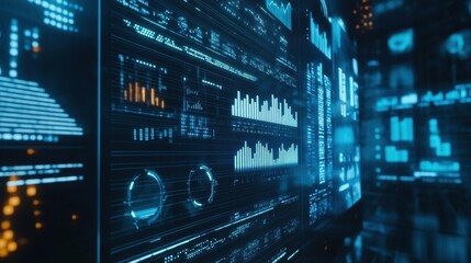 Fototapeta premium Digital data visualization featuring graphs and analytics interfaces.