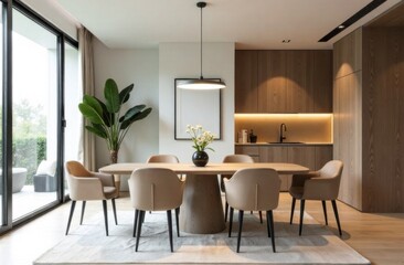 Stylish dining area with minimalist design elements including an elegant table, contemporary chairs and sophisticated decor.