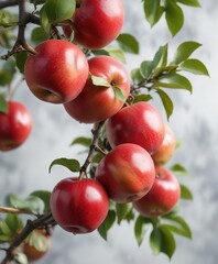 Obraz premium Close-up of red apples on a watercolor branch, hanging, ripe