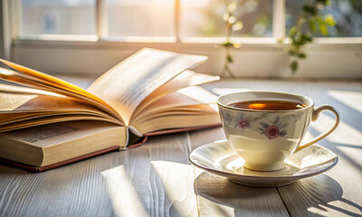 Still life with a book, hot tea, a window in the background, the rays of the sun