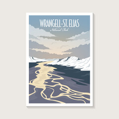 Wrangell Saint Elias National Park poster illustration, ice mountain and river poster design