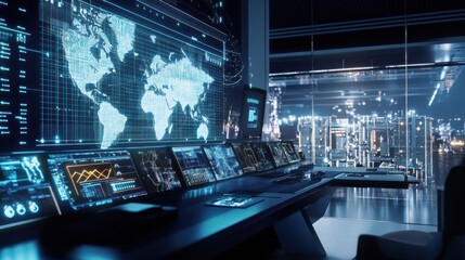 A futuristic smart grid energy management center, clean cityscape with interactive energy distribution monitors and advanced grid management tools, Sustainable style